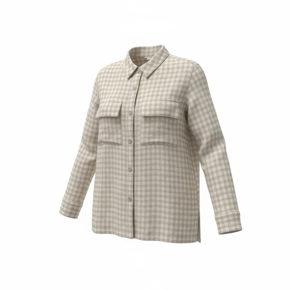 Max Studio London Gingham Plaid Button Up Shirt Women L Tan Linen Blend Autumn